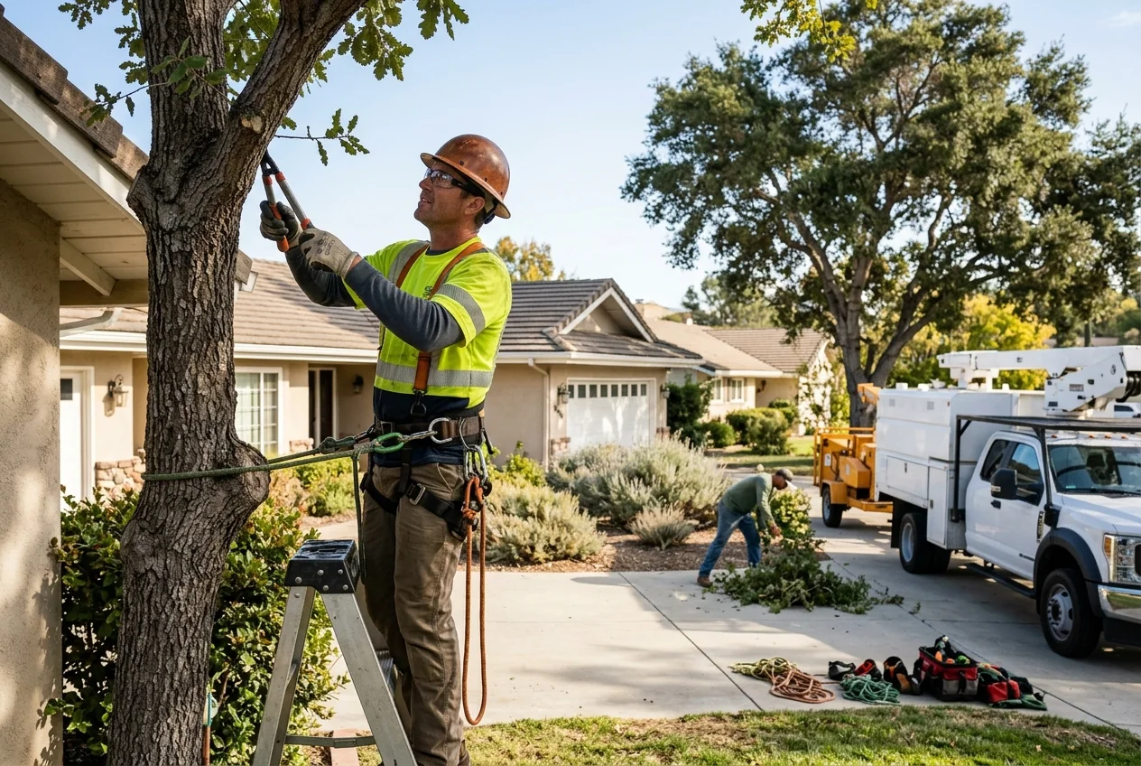 Crew loading cleared brush onto a service truck