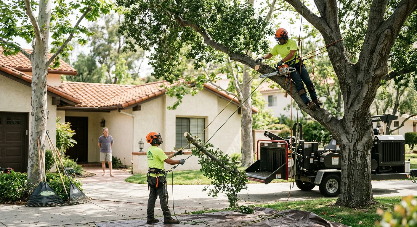Crew clearing overgrown brush from a residential hillside property in Thousand Oaks