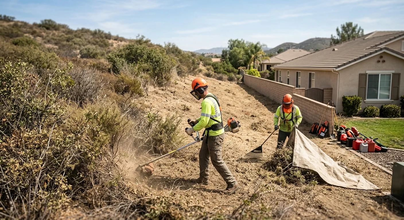 Dry hillside brush cleared behind a Thousand Oaks home with defensible space