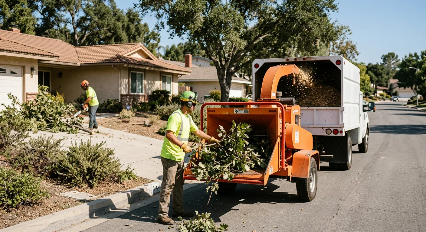 Wood chipper turning cut brush into mulch during a residential clearing job