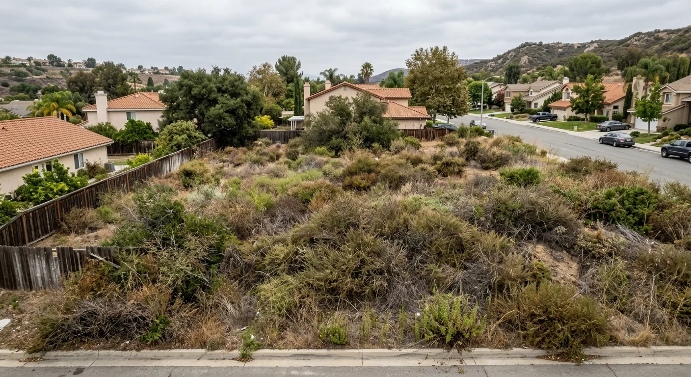 Before context of dense brush covering a vacant residential lot