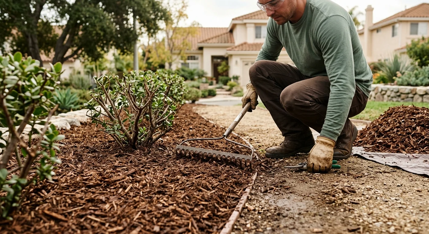 Close-up of raked mulch and trimmed shrub bases along a cleared path