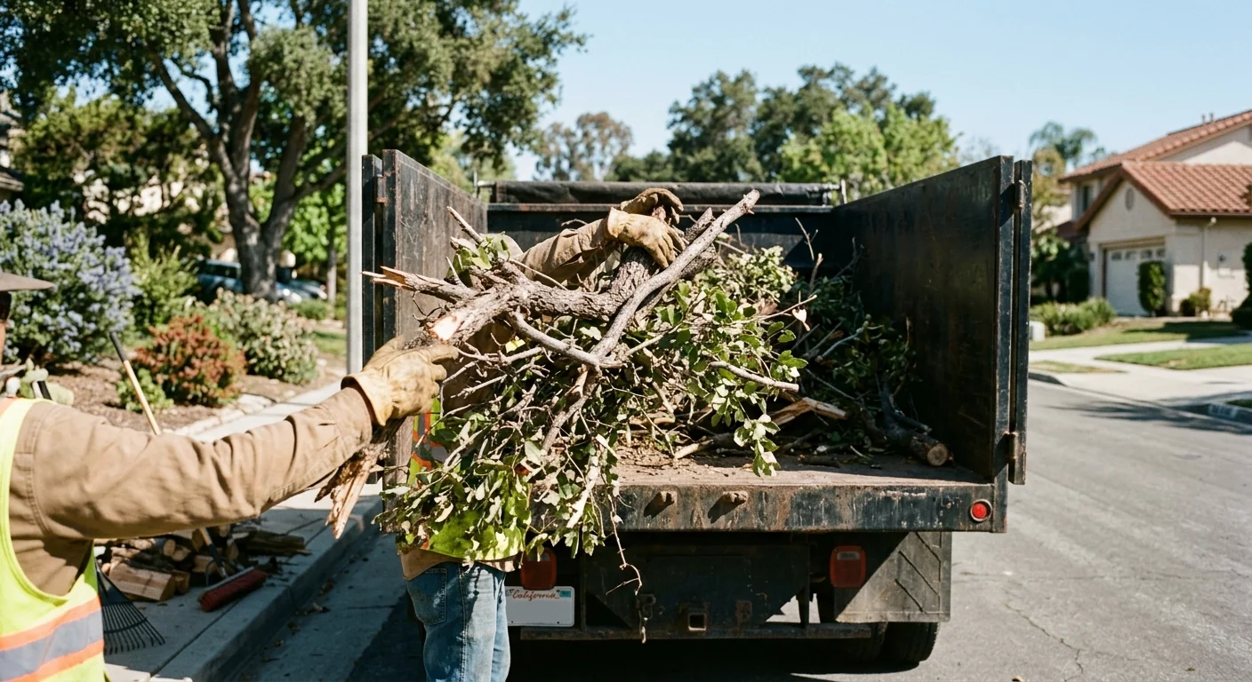 Crew loading hauled deadwood and brush into a chip truck bed