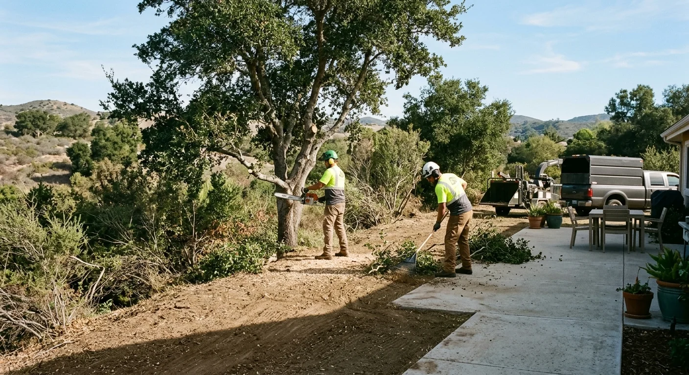 Cleared perimeter around a backyard patio after brush thinning