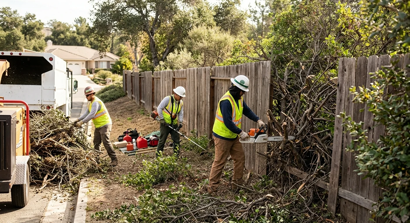 Crew removing dense brush along a fence line in Thousand Oaks