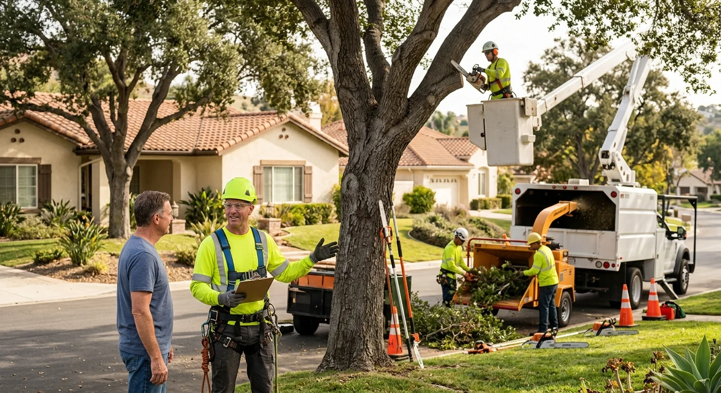 Crane operator reviewing removal plan beside a tall tree in Thousand Oaks