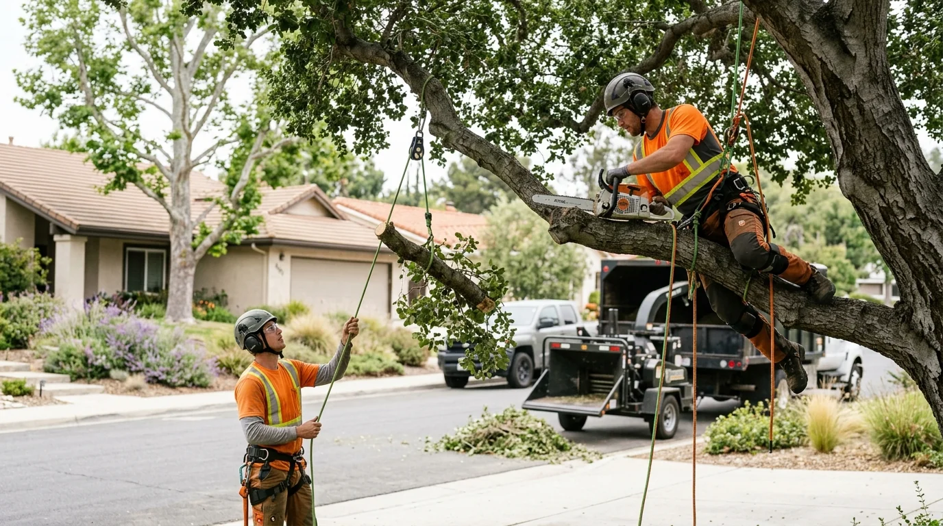 Tree crew coordinating a safe crane lift near a home