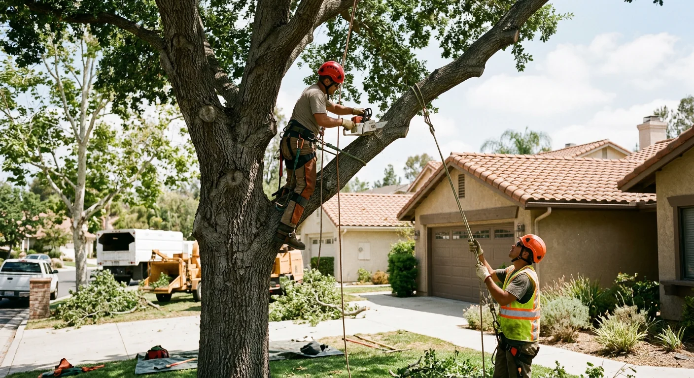 Crane lifting a large tree section over a Thousand Oaks backyard