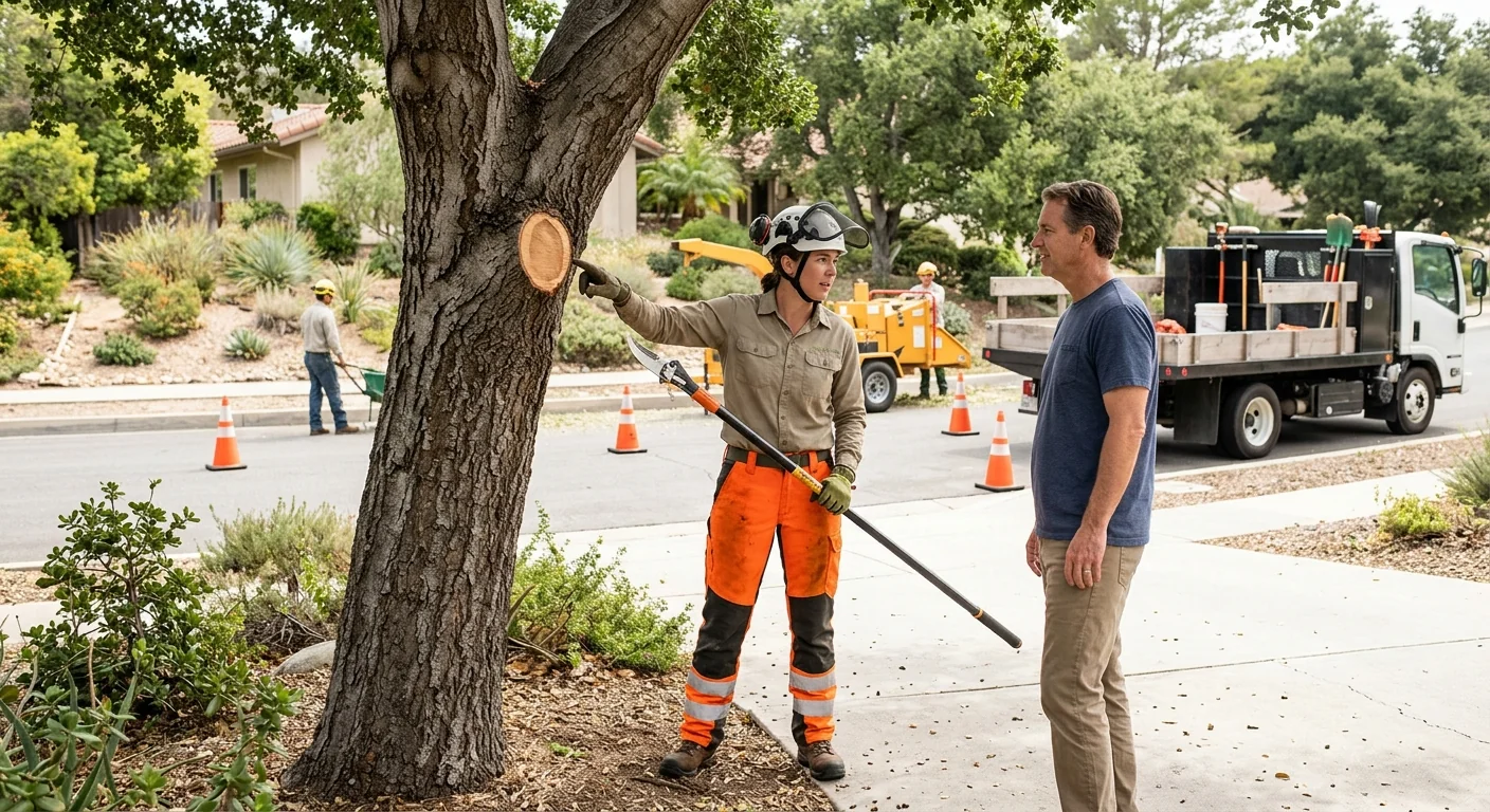 Crane lifting a large tree section above a residential yard in Thousand Oaks