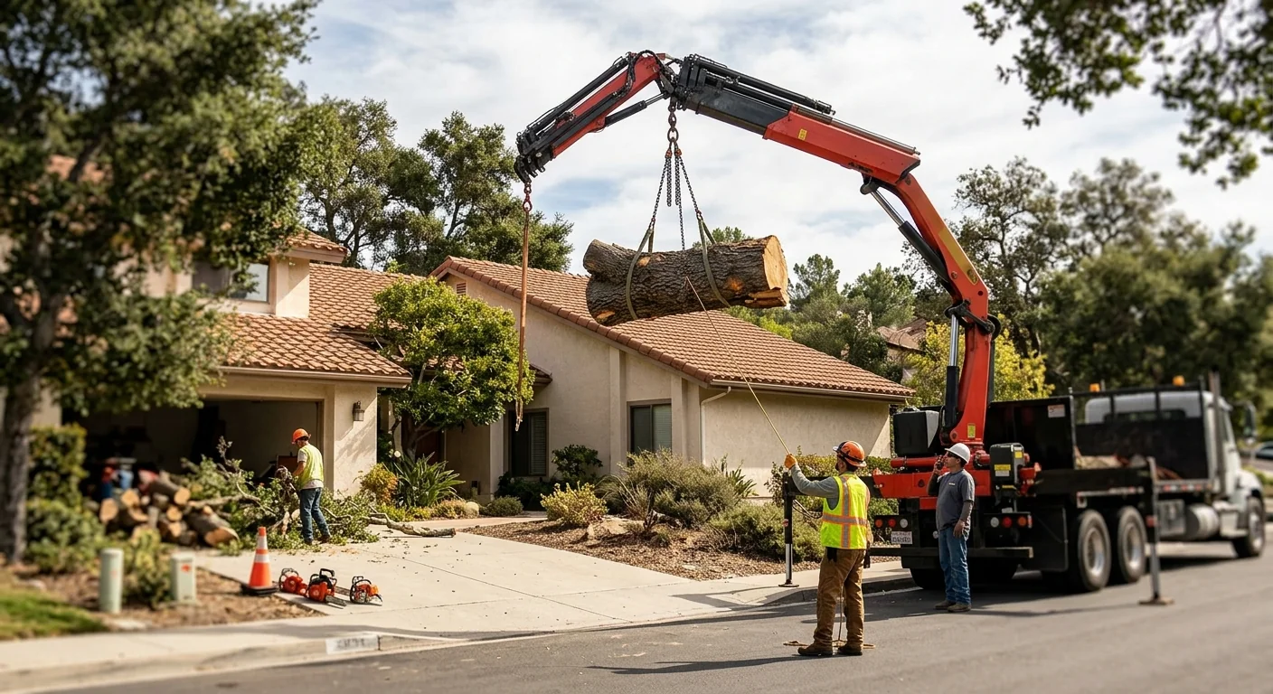 Knuckle-boom crane lifting a large oak section over a Thousand Oaks rooftop