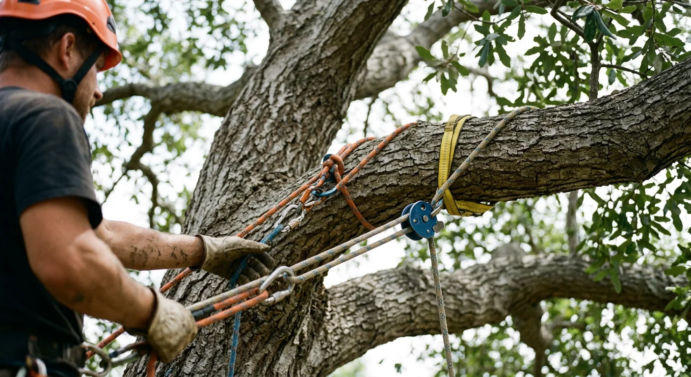 Close-up of rigging ropes and slings secured to a heavy tree limb