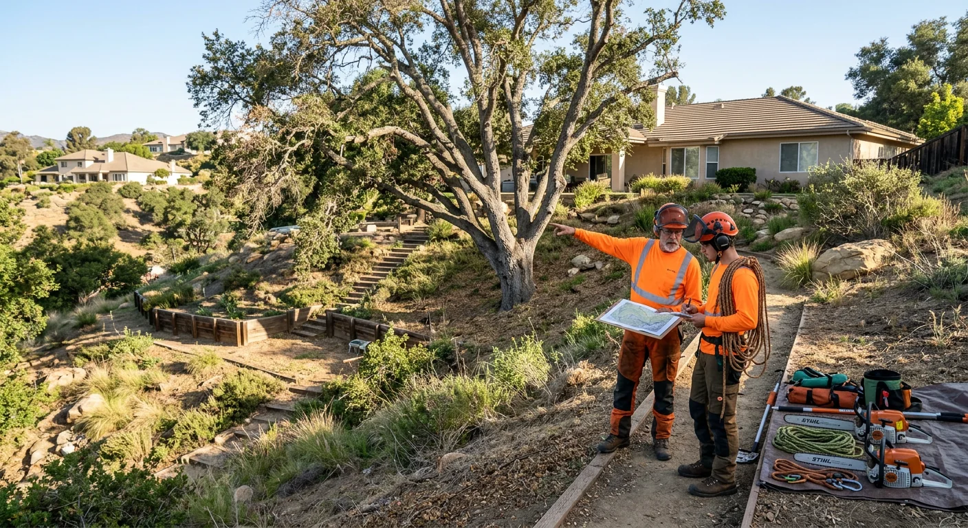 Wide shot of a hillside backyard before crane tree removal begins