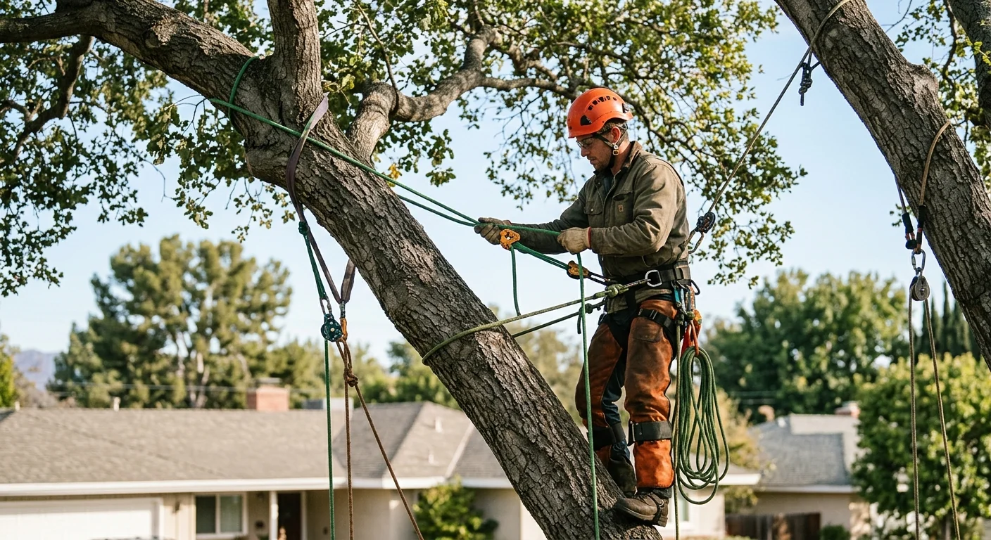 Arborist in the canopy setting rigging points on a leaning oak