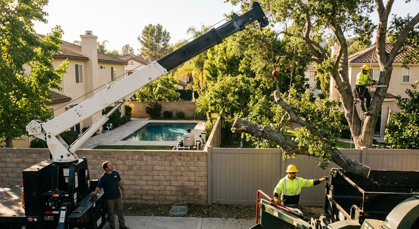 Crane boom extended over a fence to reach a tree beside a pool
