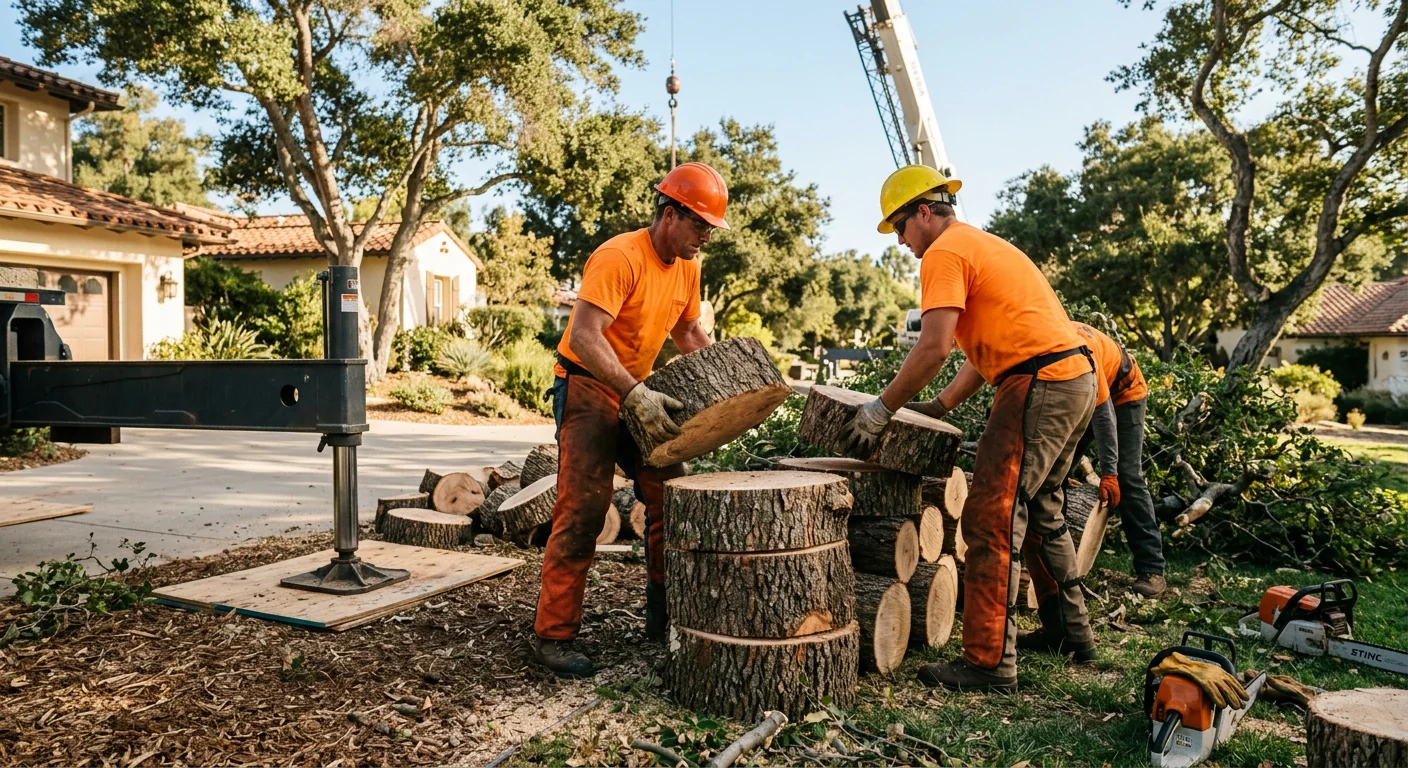Ground crew stacking sectioned logs during a residential crane removal