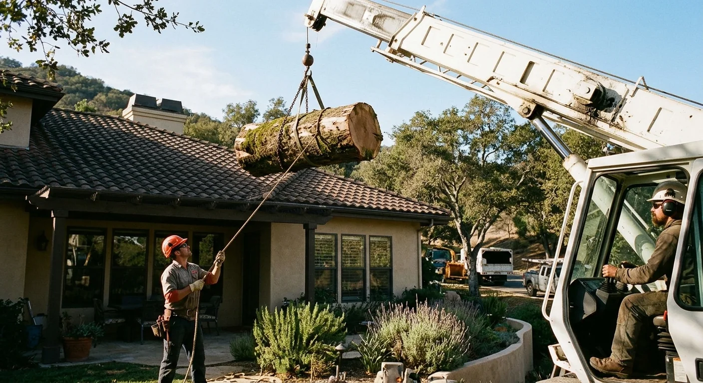 Crane boom lifting a heavy tree section over a Thousand Oaks home