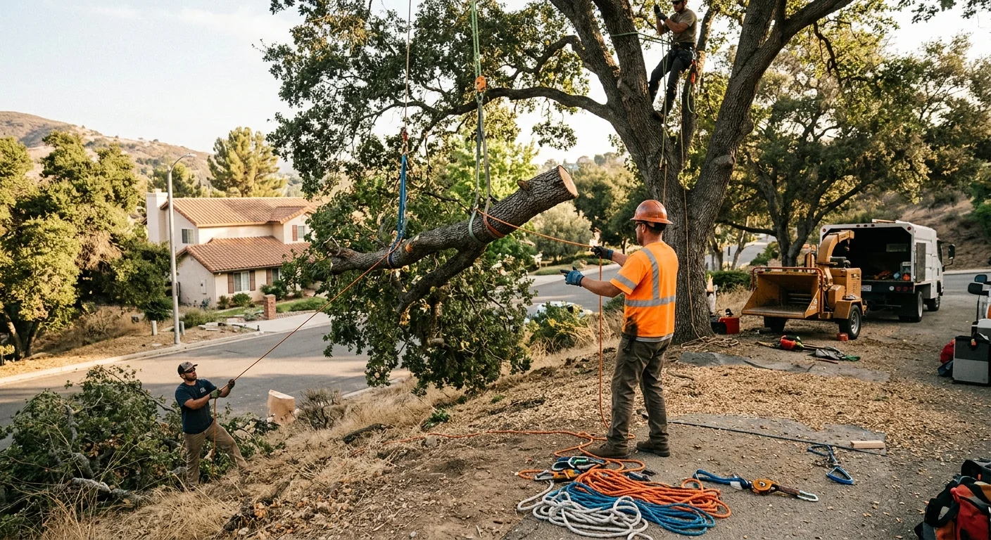 Ground crew guiding rigged limbs during a Thousand Oaks tree removal