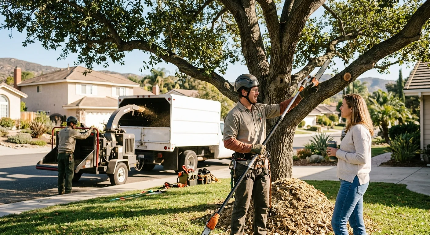 Arborist measuring a damaged tree trunk while preparing a written estimate