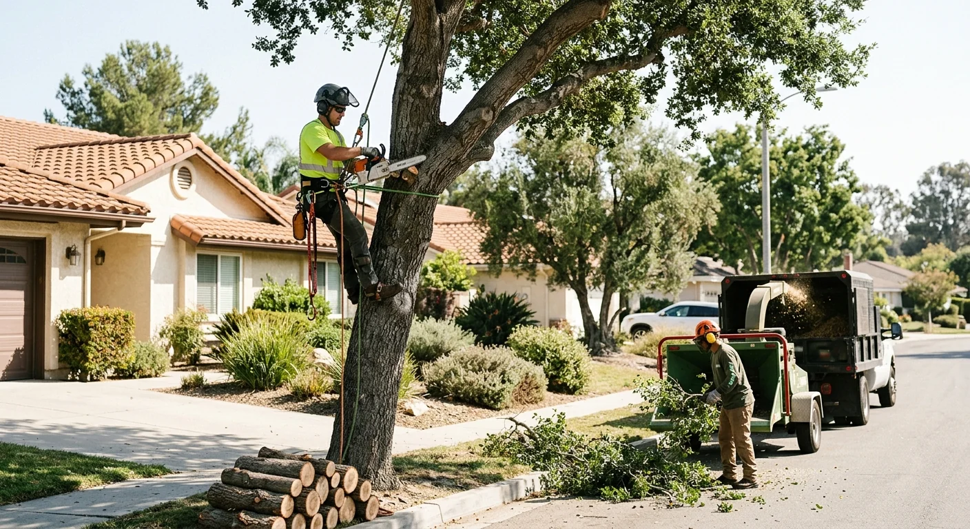 Tree crew clearing storm-damaged limbs from a Thousand Oaks front yard