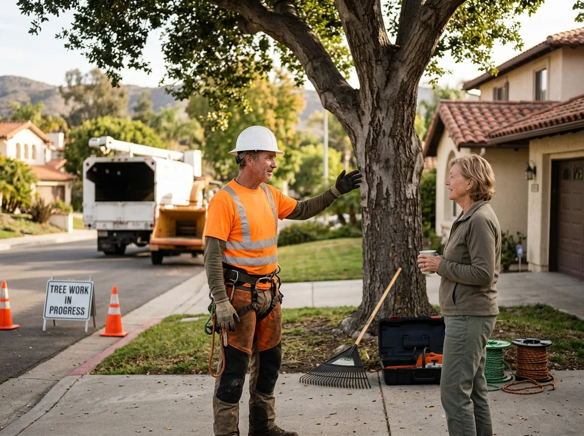 Arborist assessing a leaning tree after a storm