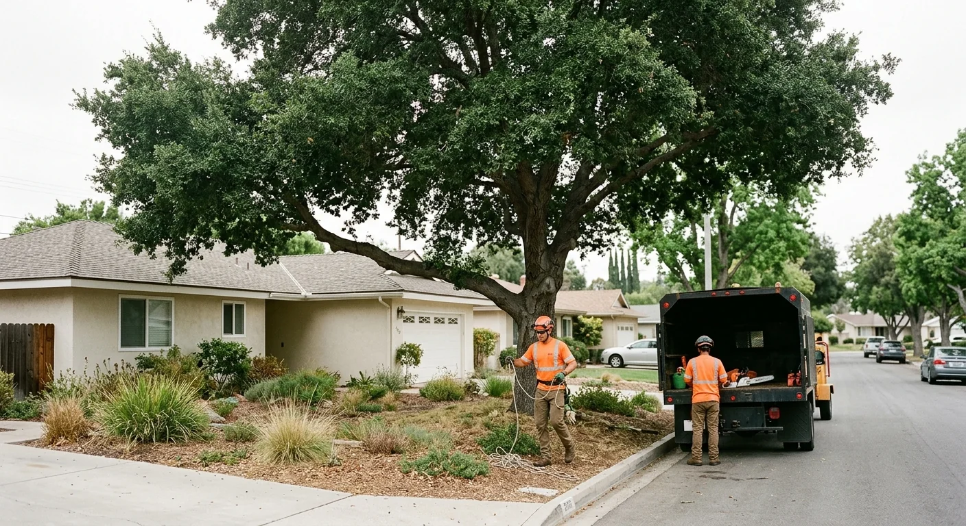 Split tree trunk leaning toward a house after a Thousand Oaks windstorm