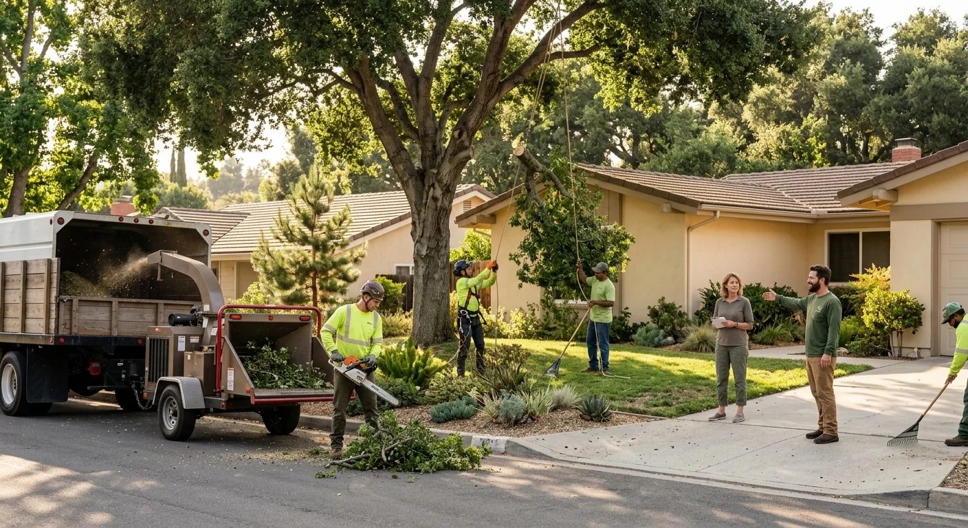 Crew clearing a storm-damaged oak from a Thousand Oaks driveway during an emergency call