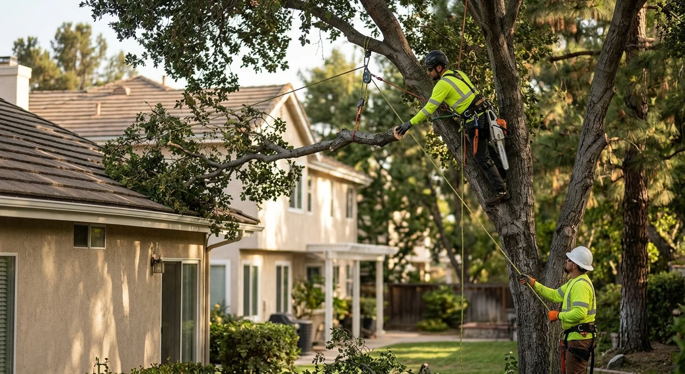 Arborist using rigging lines to lower a heavy branch near a home roofline