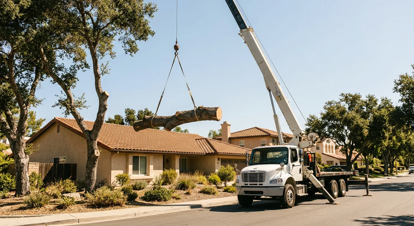 Crane lifting a large tree section away from a house during emergency removal