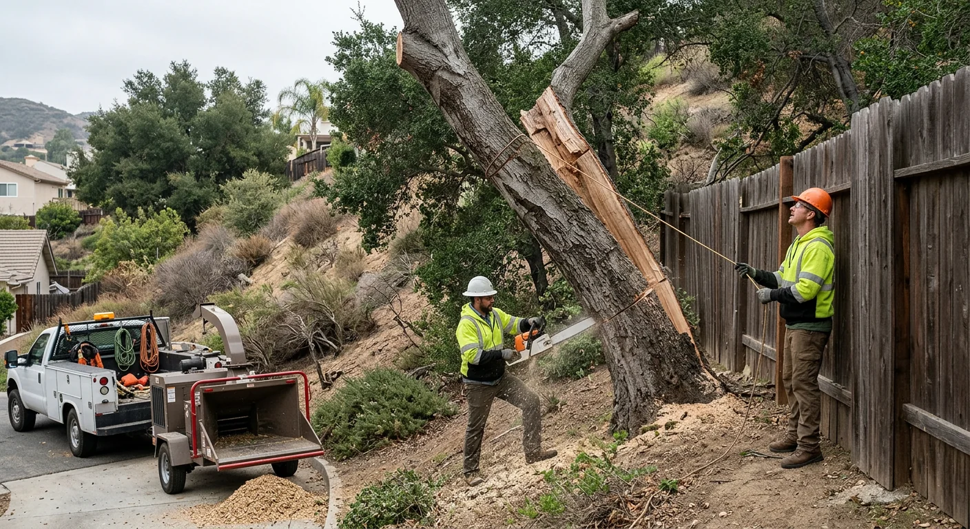 Storm-split trunk leaning against a fence on a hillside property