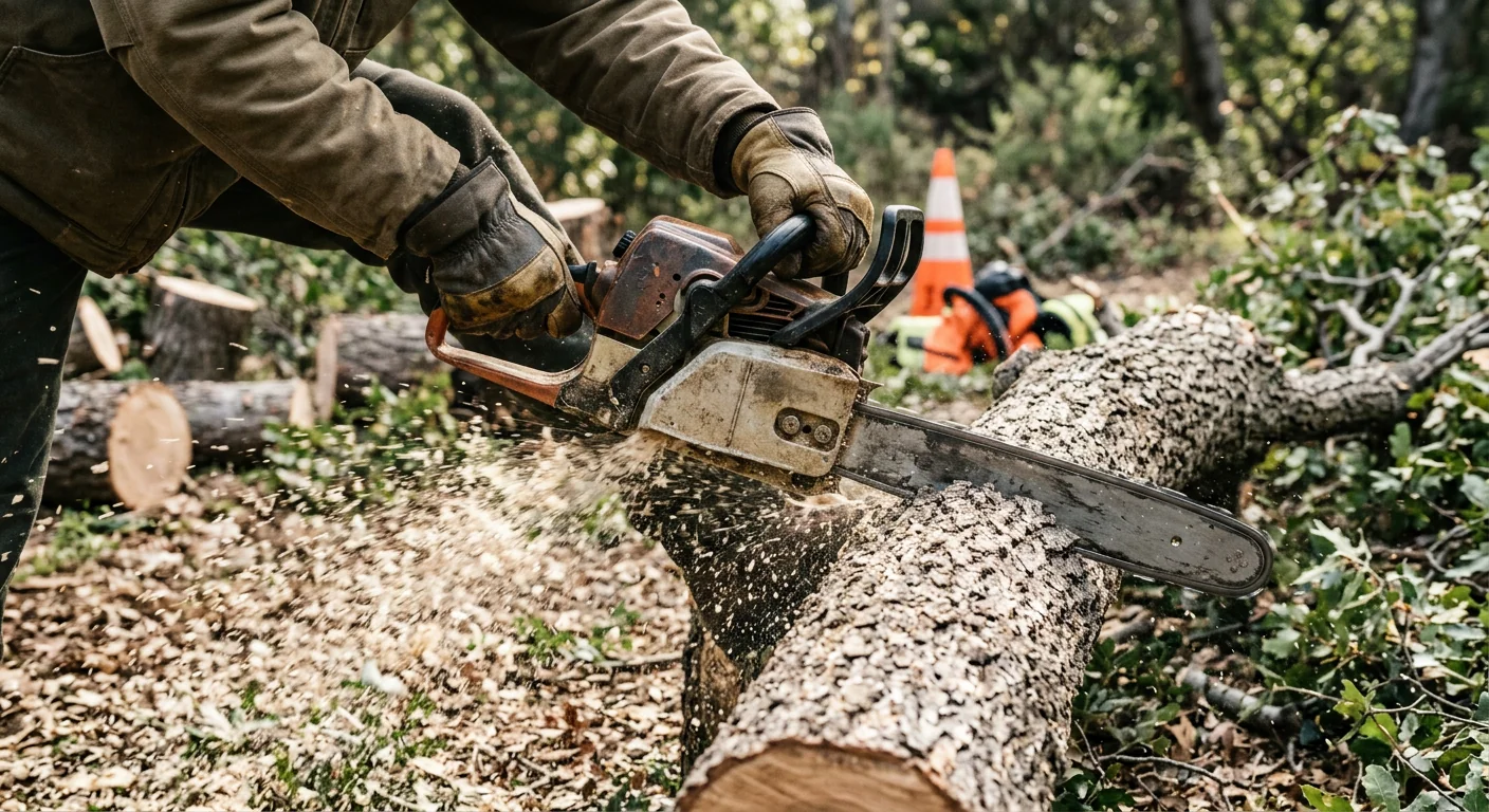 Close-up of a chainsaw cut through a downed limb during storm cleanup