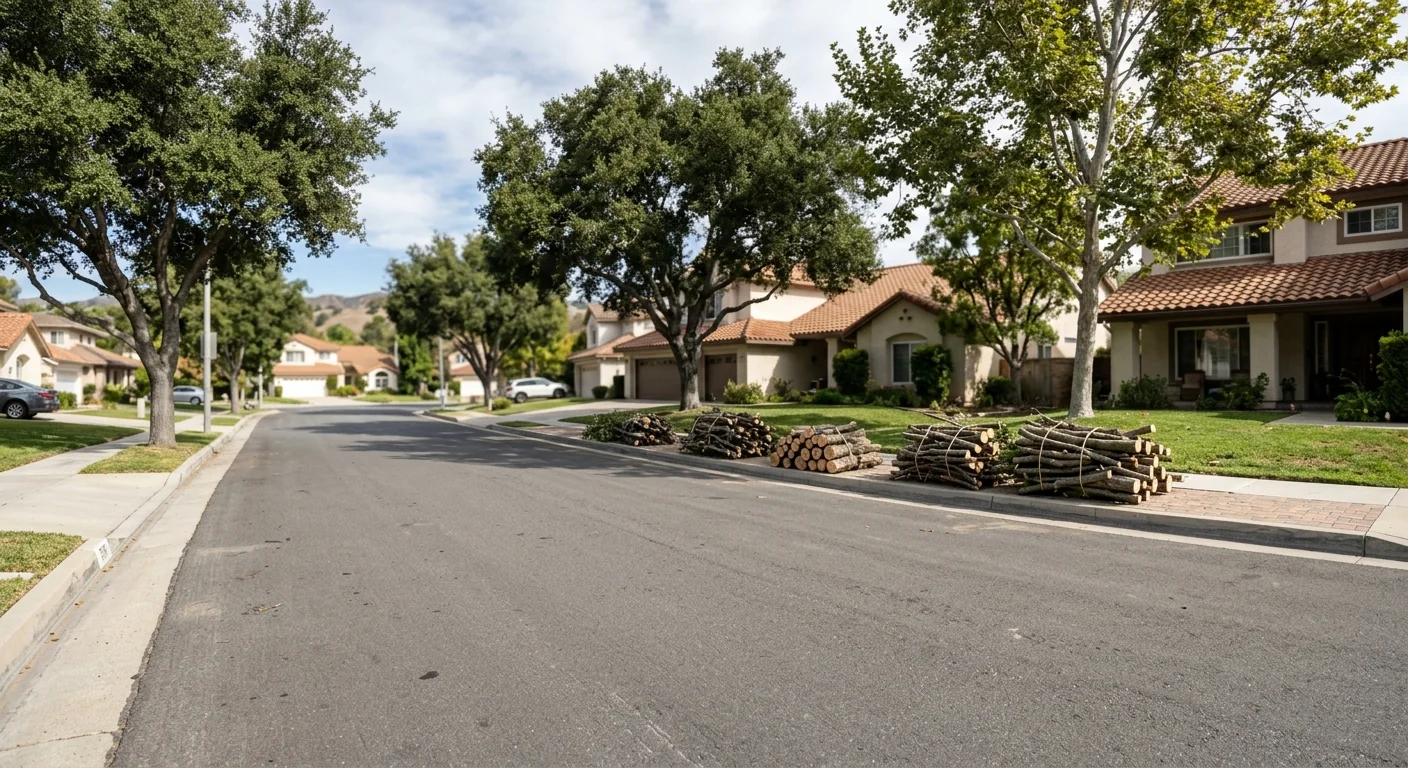 Cleared street with stacked branches after emergency tree removal in a neighborhood