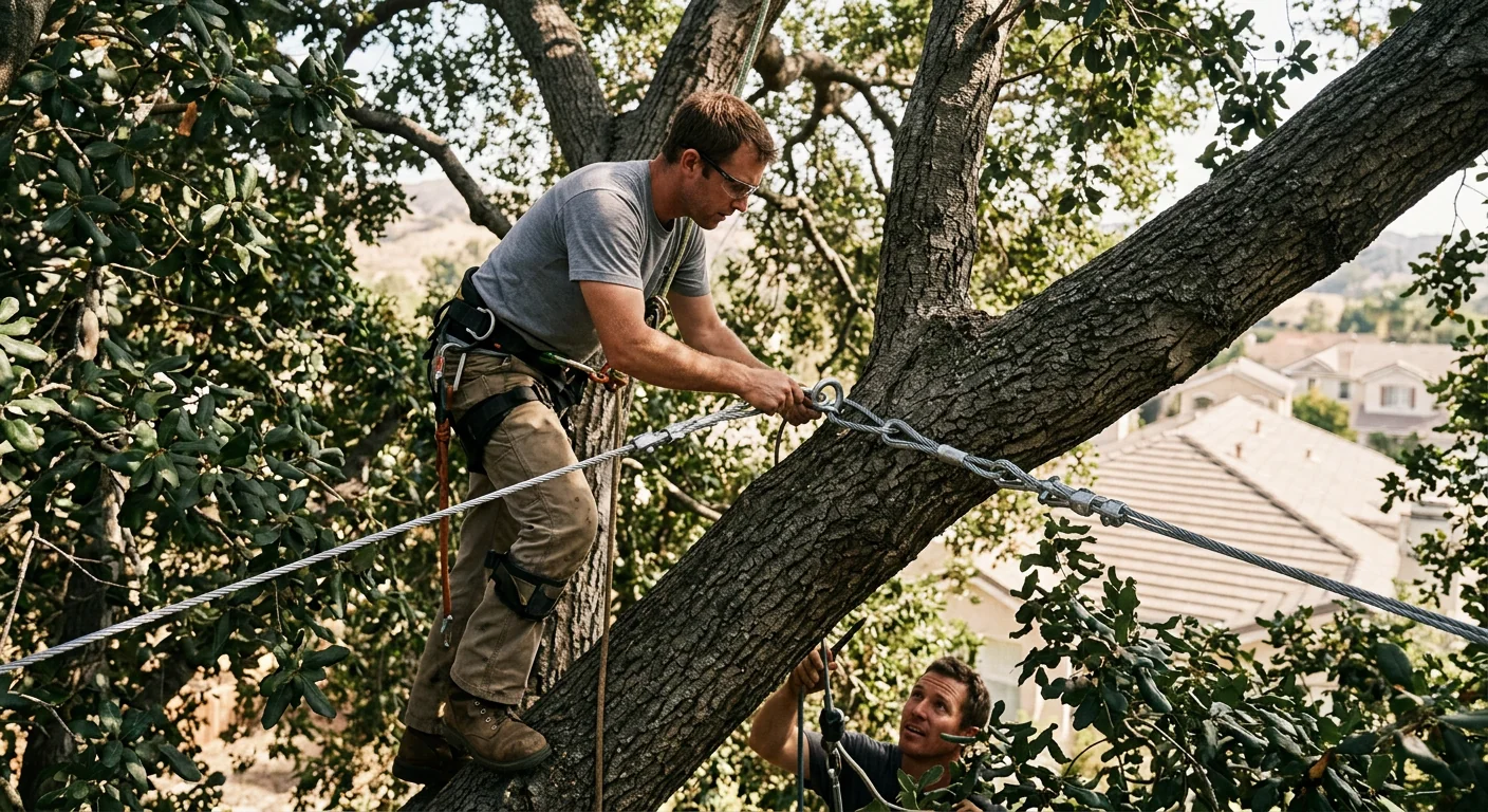 Cabling installed to stabilize a cracked mature tree after storm stress