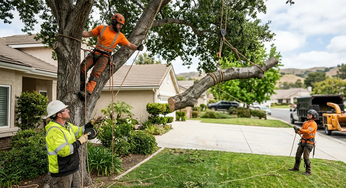 Crew safely lowering a large limb with rigging lines during an emergency removal