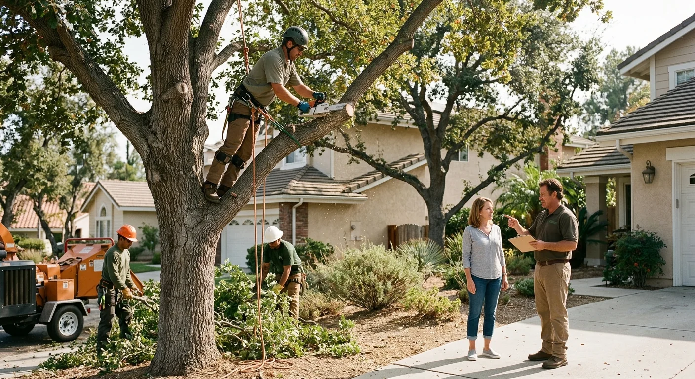 Crew reviewing a written estimate beside a hazardous tree in Thousand Oaks