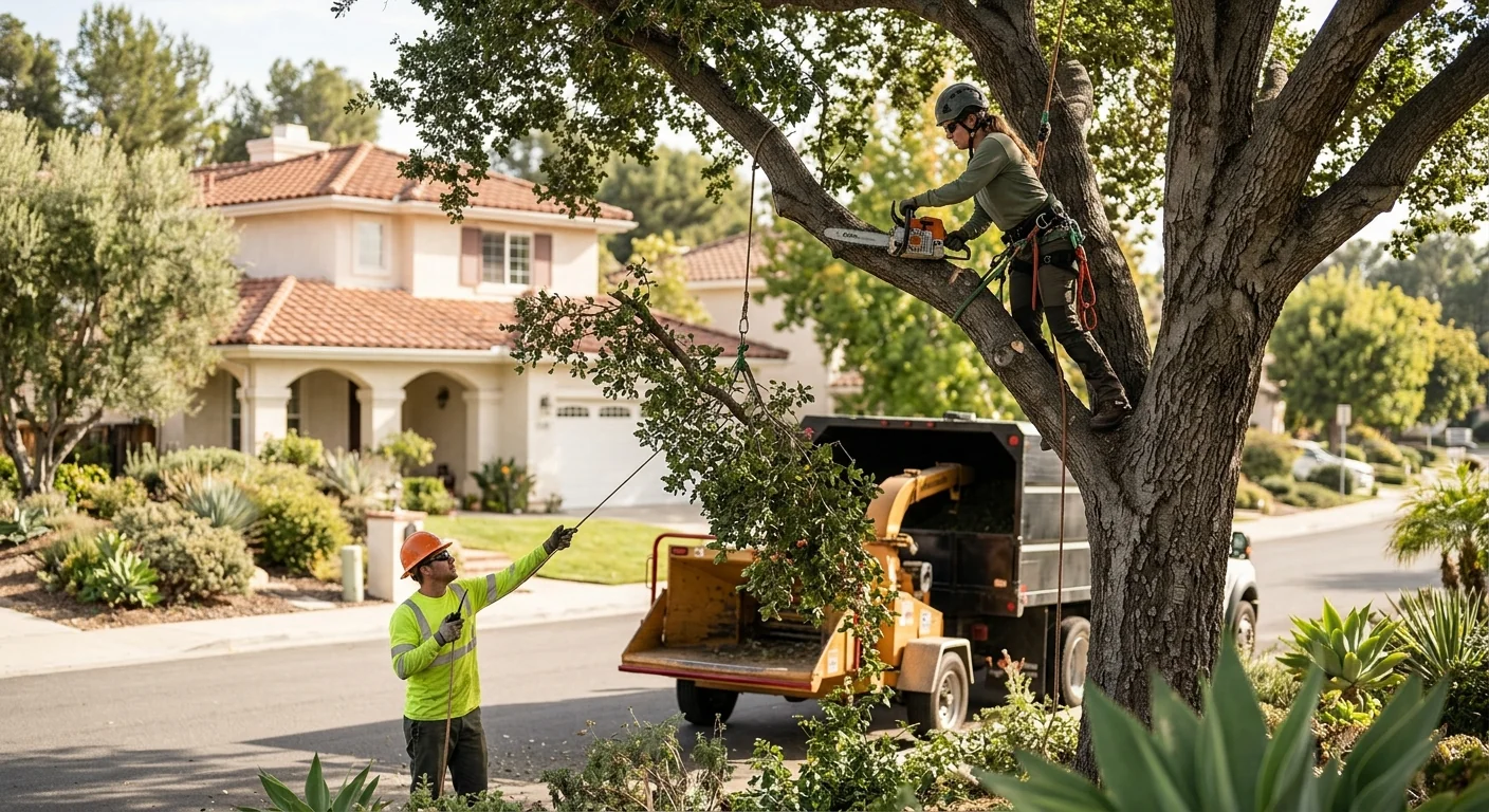 Arborist assessing a hazardous leaning tree beside a Thousand Oaks home