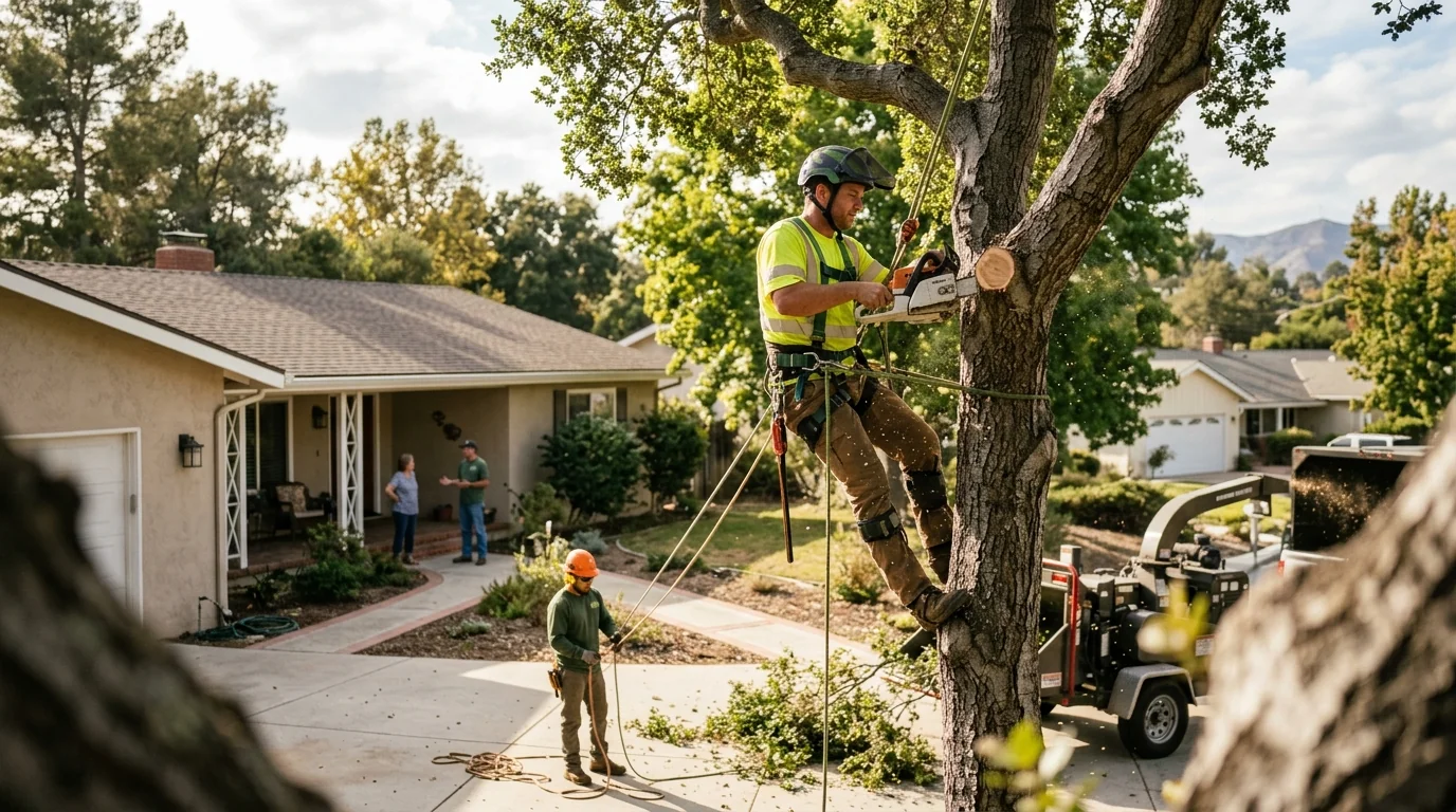Crew member inspecting a cracked tree limb over a driveway