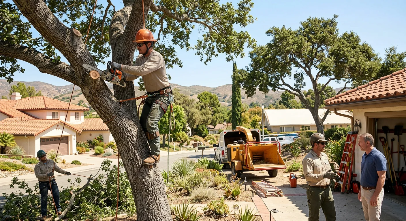 Arborist assessing a leaning tree near a Thousand Oaks home before removal