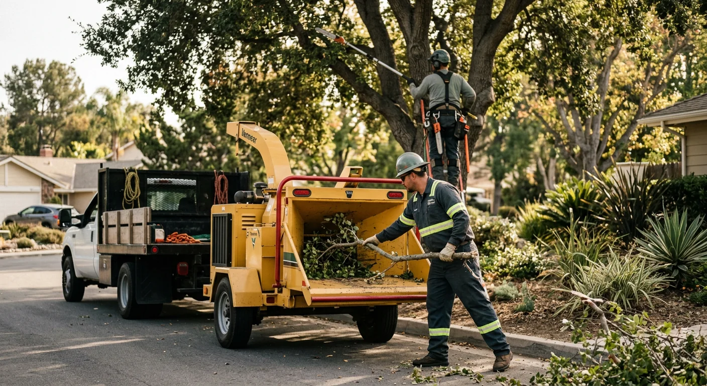 Arborist assessing a leaning hazardous tree near a Thousand Oaks home before removal