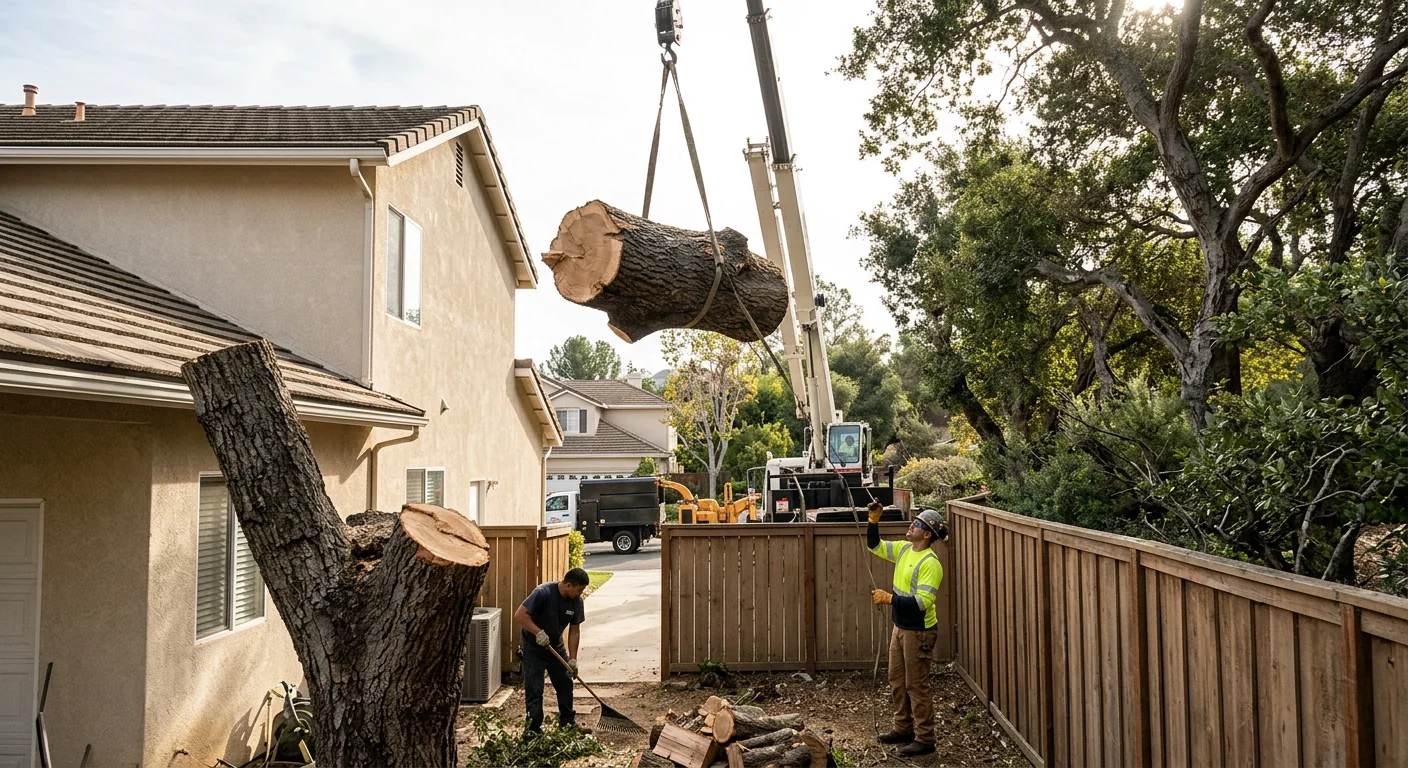 Crane lifting a large cut trunk section over a tight residential side yard