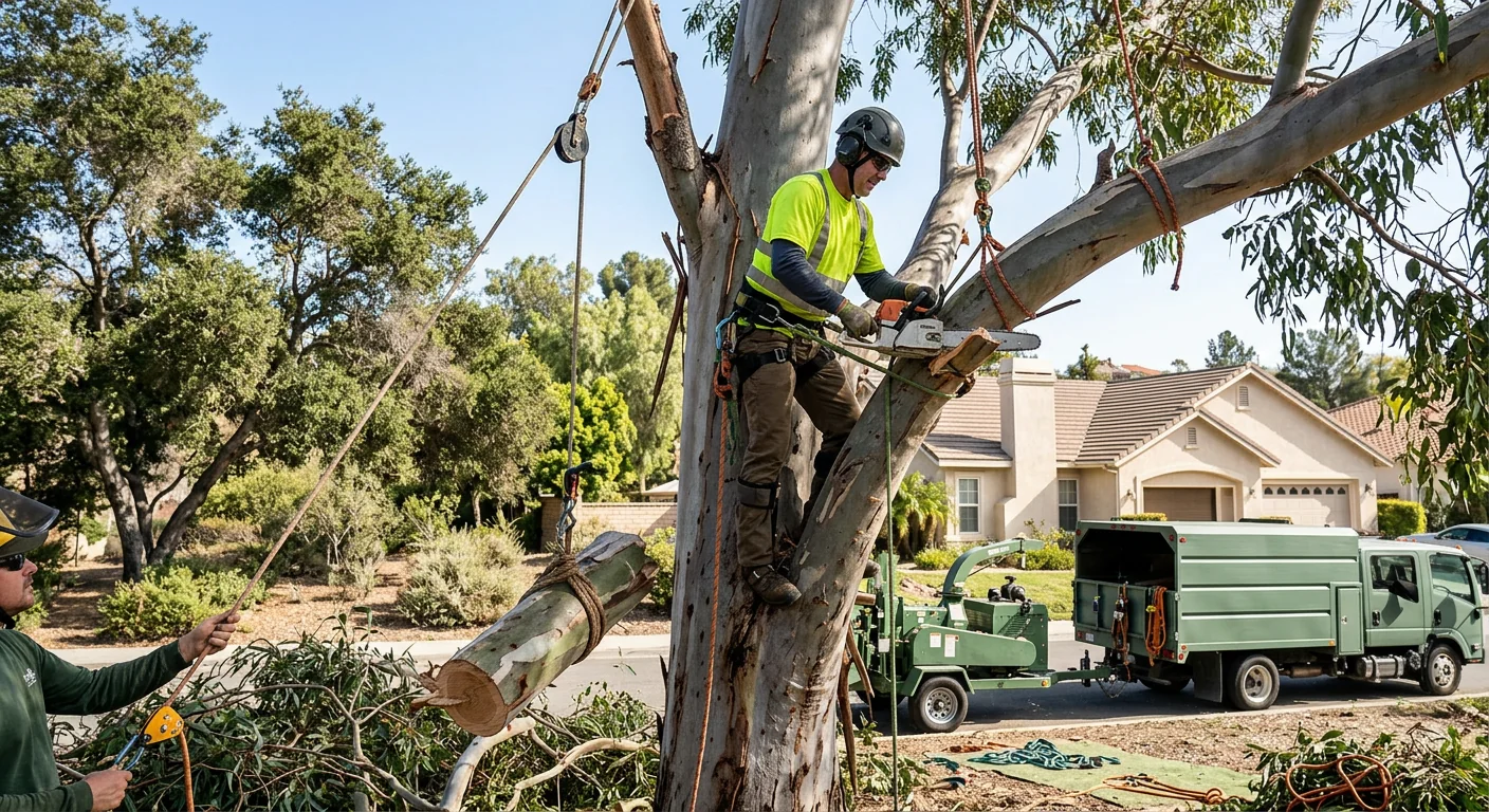 Arborist using lowering ropes to sectional dismantle a storm-cracked eucalyptus