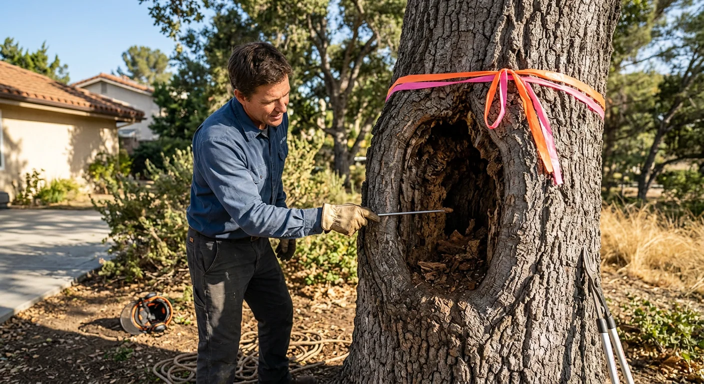 Close-up of decayed trunk cavity marking a hazardous tree flagged for removal