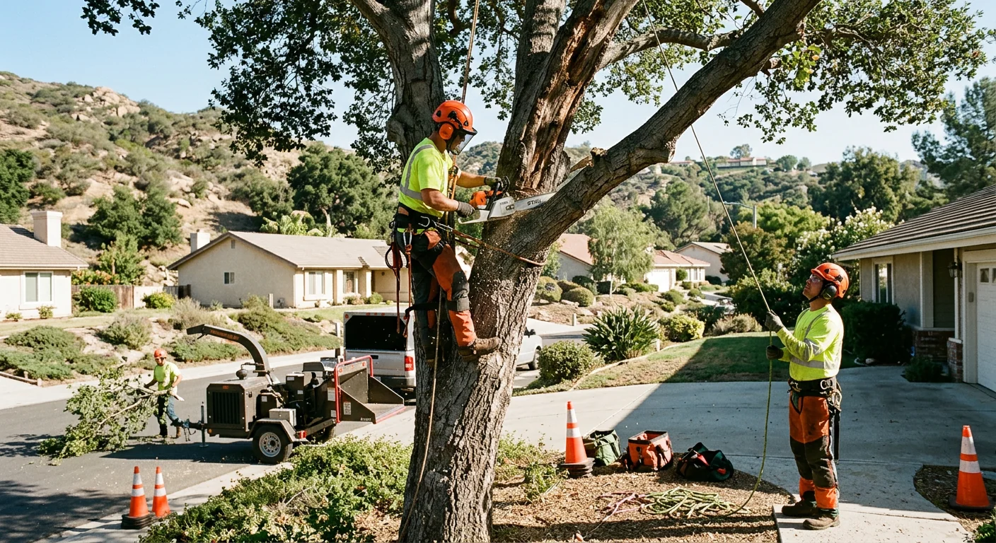 Wide shot of hillside lot with a compromised tree scheduled for safe takedown