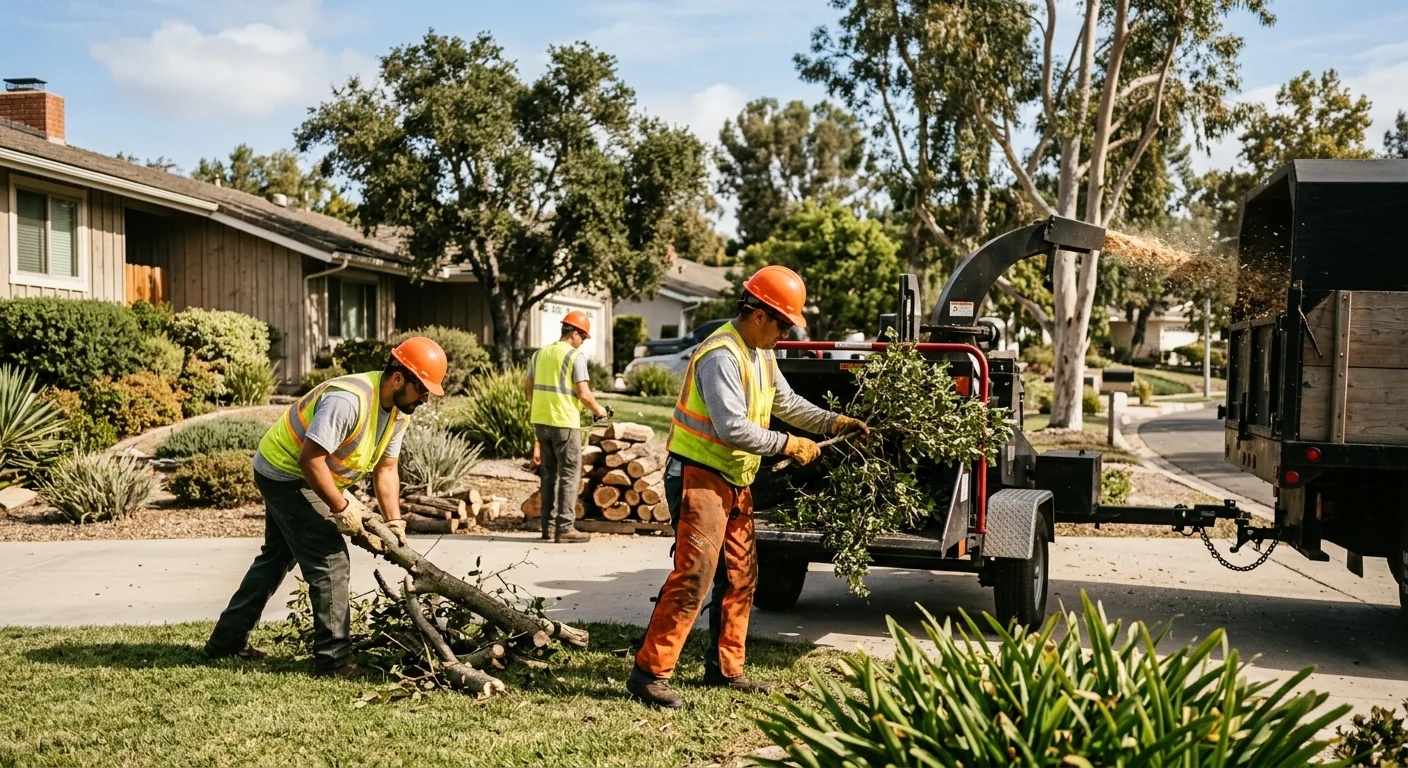Ground crew chipping brush and clearing limbs during a hazardous tree job