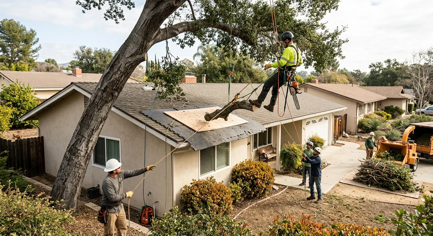 Roofline protected as a crew rigs down branches from a failing tree above a home