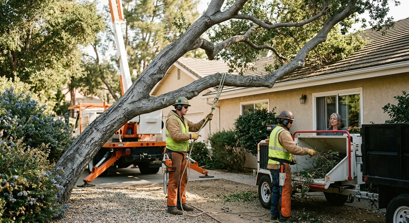 Certified crew removing a hazardous leaning tree in a Thousand Oaks yard