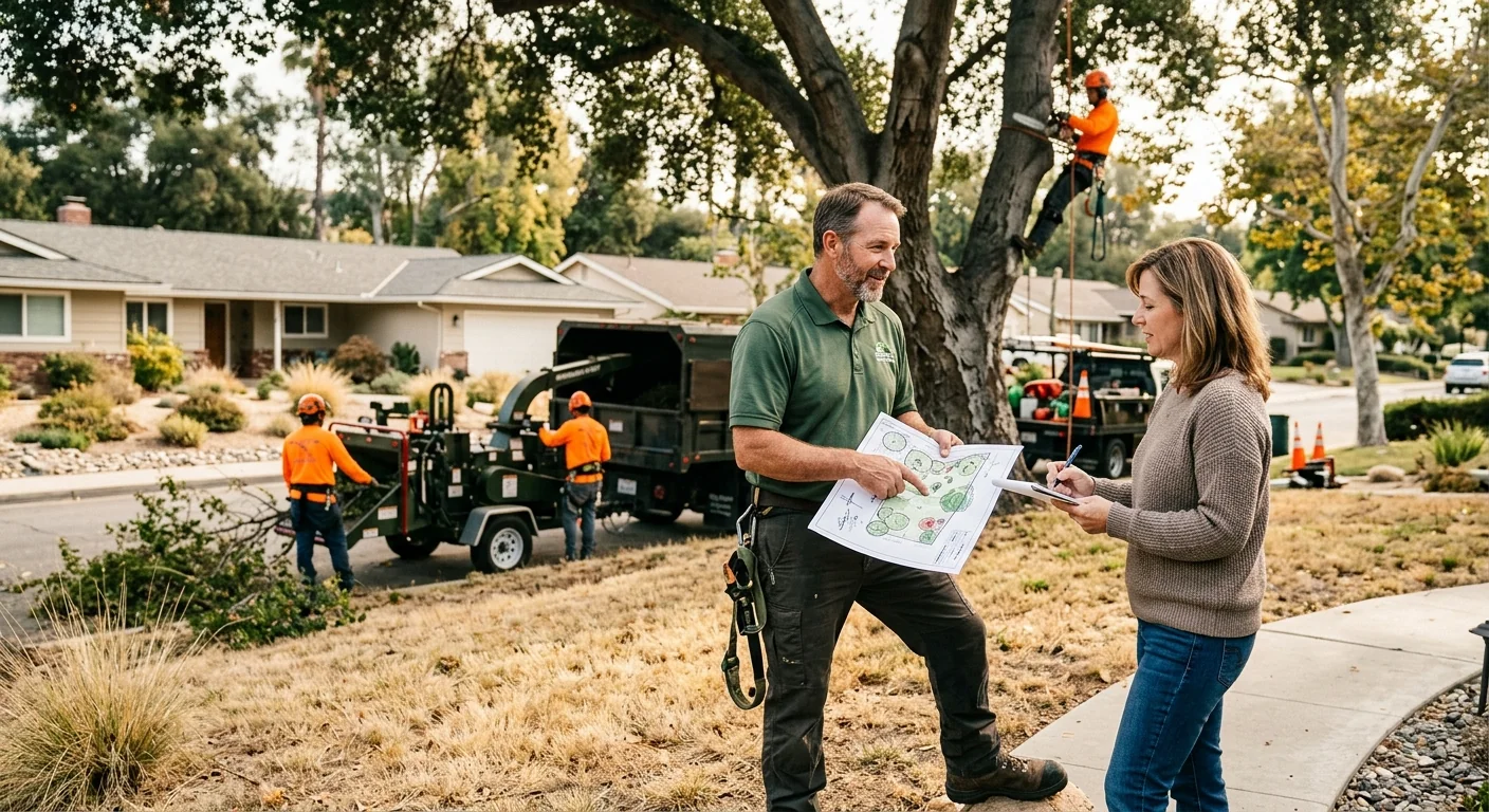 Homeowner reviewing hazardous tree removal walkthrough with local arborist
