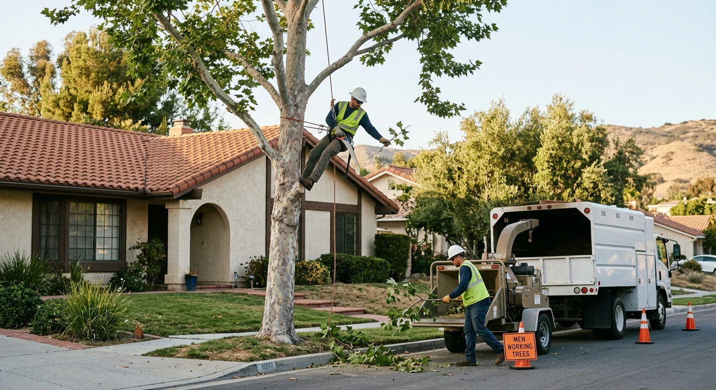 Crew clearing brush and small trees from a residential lot in Thousand Oaks