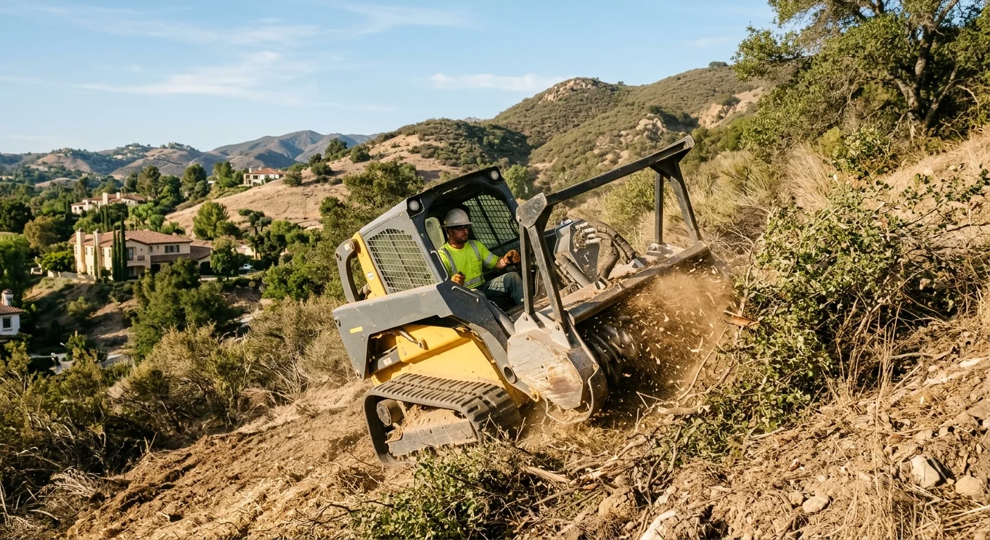 Skid steer mulching dense brush on a hillside property in Thousand Oaks