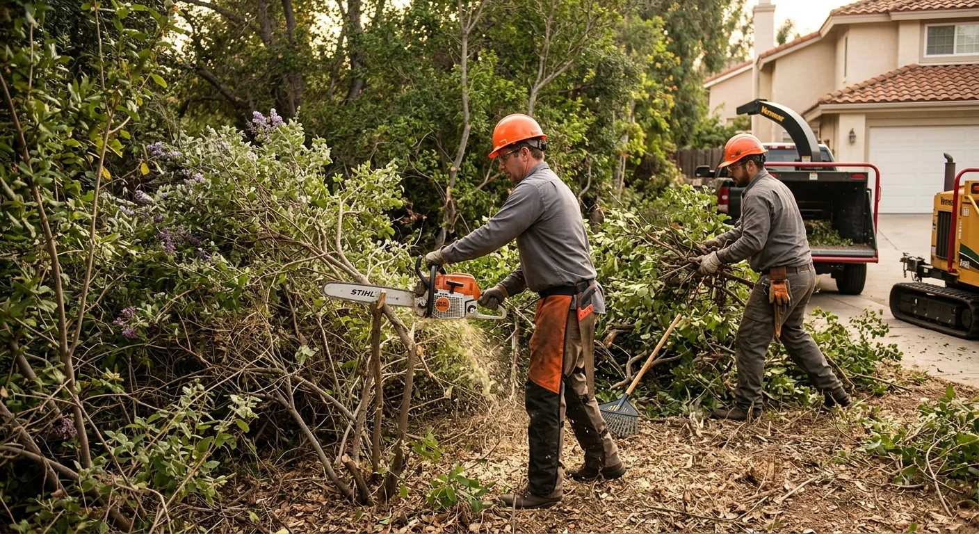 Overgrown backyard before land clearing showing thick brush and small trees
