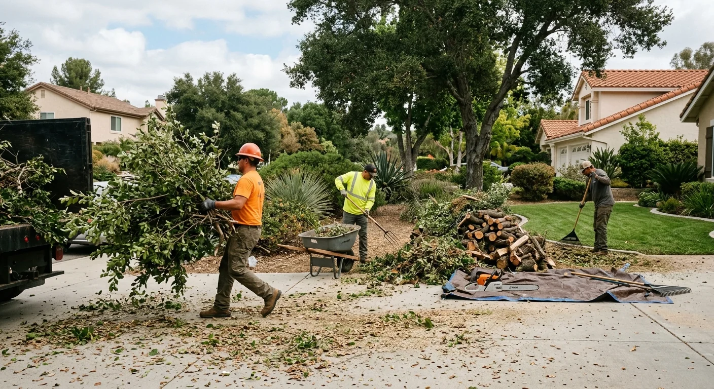 Crew removing cut vegetation and hauling debris from a suburban parcel